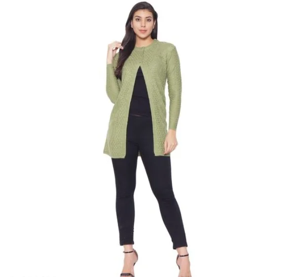 Clapton Women's Acrylic Green Blend Full Sleeve Winter Wear Long Cardigan/Shrug Beige - L, Green, Wool, Pack Of 1